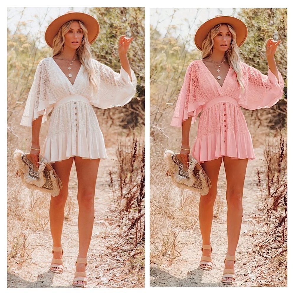 NWT-Bohemian Lace Dress w/ Deep Neck and Batwing